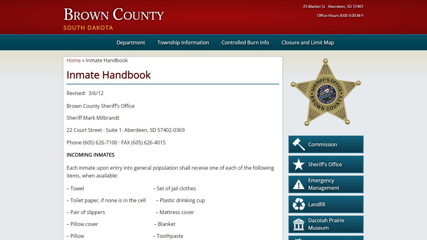 Inmate Handbook | Brown County